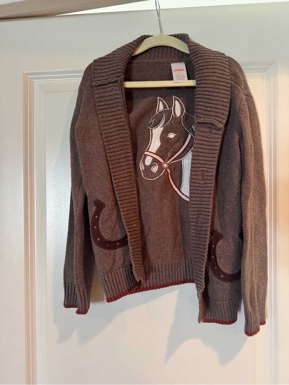 Gymboree Brown Horse Graphic Shawl-Style Cardigan with Red Trim